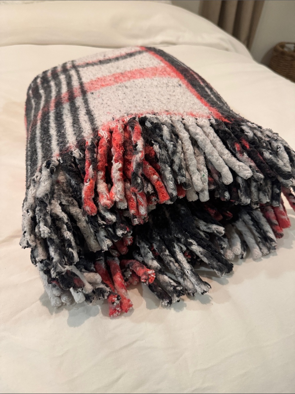 Cozy Mexican Plaid Throw Blanket in Black, Gray & Coral/Red - Unbranded